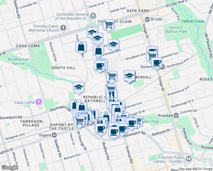 map of restaurants, bars, coffee shops, grocery stores, and more near 342 Avenue Road in Toronto