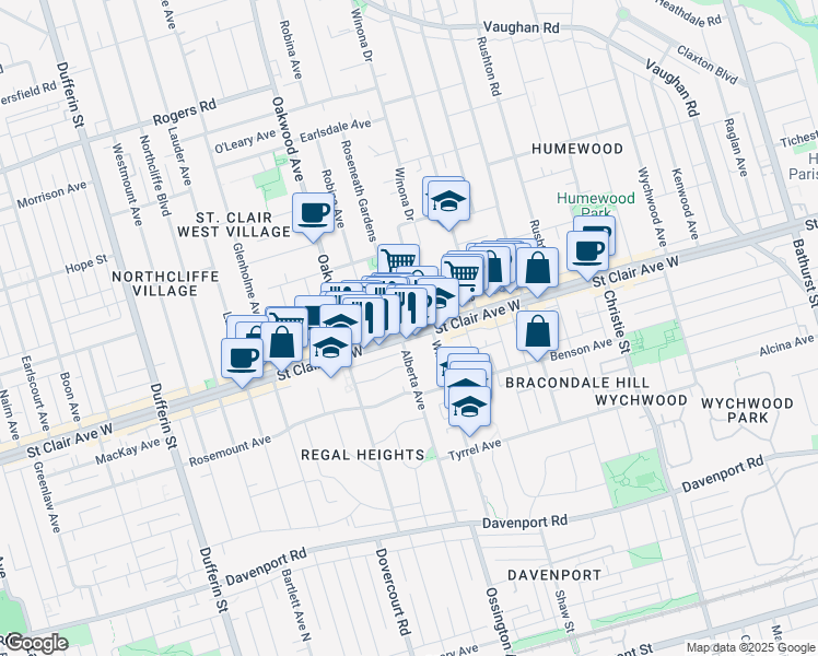 map of restaurants, bars, coffee shops, grocery stores, and more near 900 Saint Clair Avenue West in Toronto
