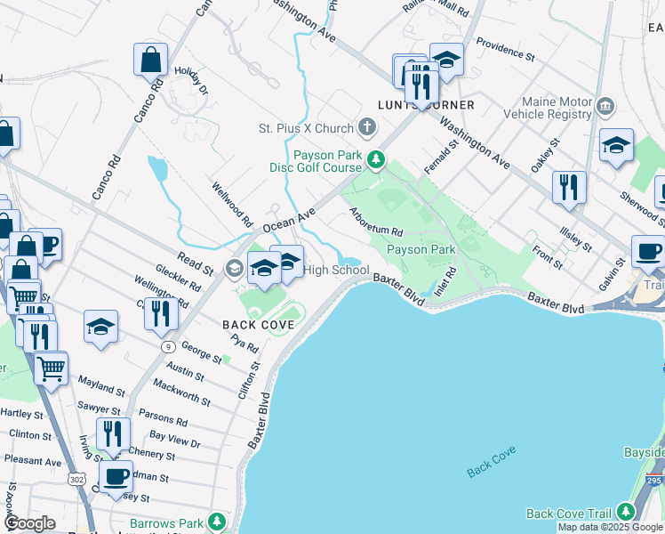 map of restaurants, bars, coffee shops, grocery stores, and more near 48 Back Cove Estates Road in Portland