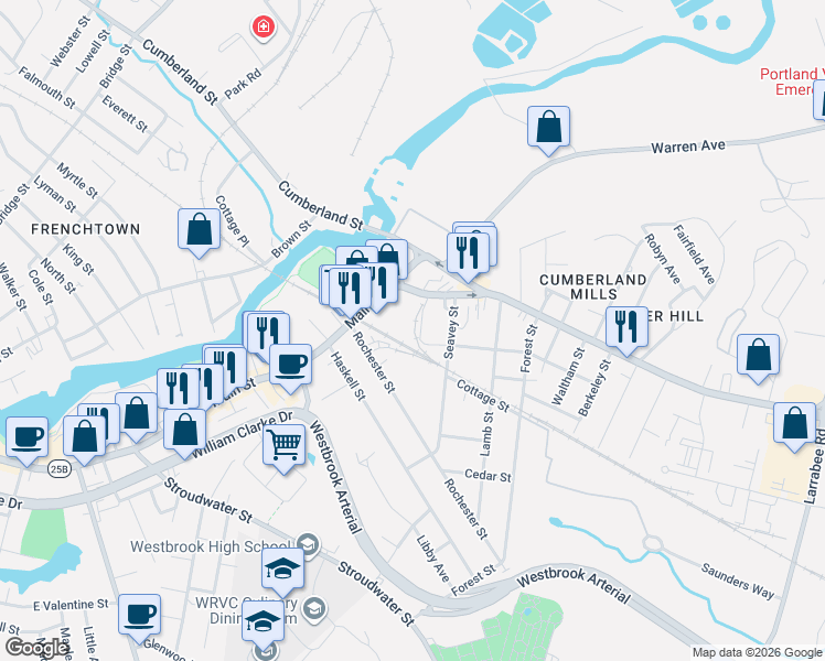 map of restaurants, bars, coffee shops, grocery stores, and more near 27 Seavey Street in Westbrook