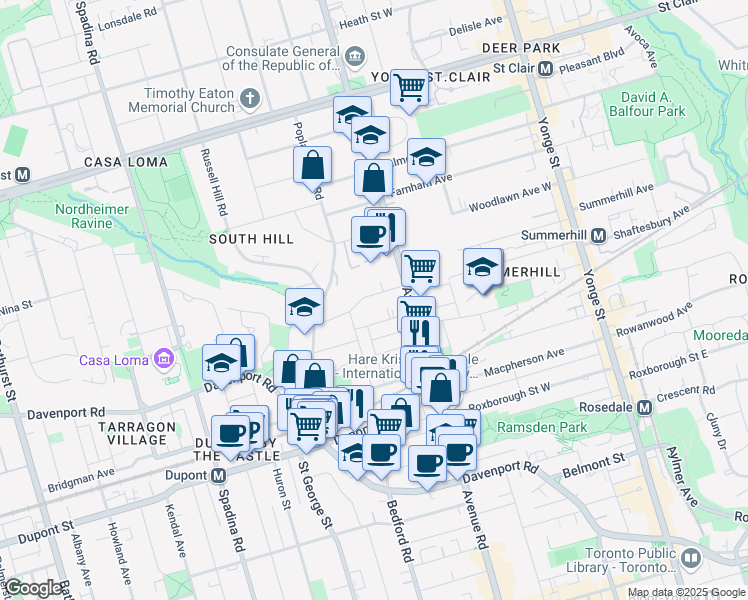 map of restaurants, bars, coffee shops, grocery stores, and more near 27 Poplar Plains Crescent in Toronto