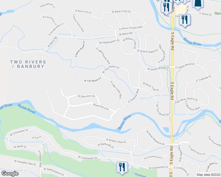 map of restaurants, bars, coffee shops, grocery stores, and more near 674 West Watermoor Court in Eagle