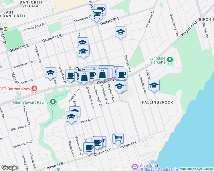 map of restaurants, bars, coffee shops, grocery stores, and more near 233 Kingswood Road in Toronto