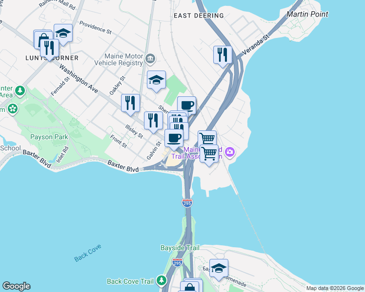 map of restaurants, bars, coffee shops, grocery stores, and more near 499 Washington Avenue in Portland