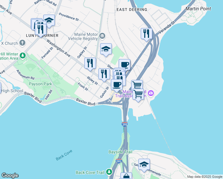 map of restaurants, bars, coffee shops, grocery stores, and more near 13 Bates Street in Portland