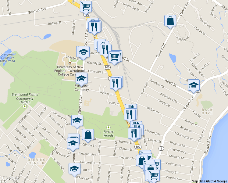 map of restaurants, bars, coffee shops, grocery stores, and more near 210 Walton Street in Portland