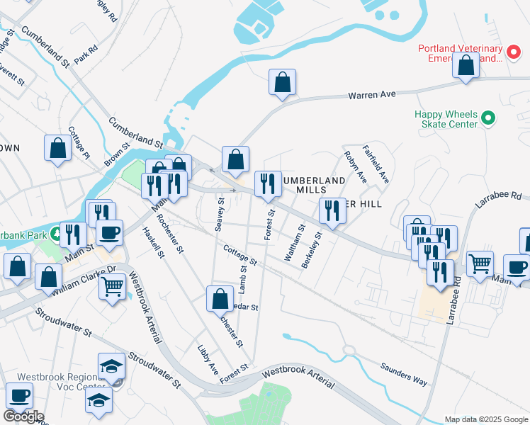 map of restaurants, bars, coffee shops, grocery stores, and more near 118 Forest Street in Westbrook