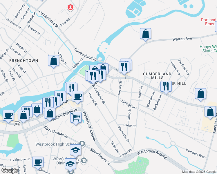 map of restaurants, bars, coffee shops, grocery stores, and more near 27 Seavey Street in Westbrook