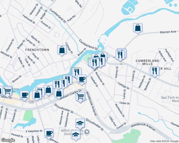 map of restaurants, bars, coffee shops, grocery stores, and more near 546 Main Street in Westbrook