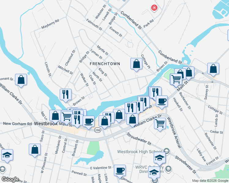 map of restaurants, bars, coffee shops, grocery stores, and more near 21 North Street in Westbrook