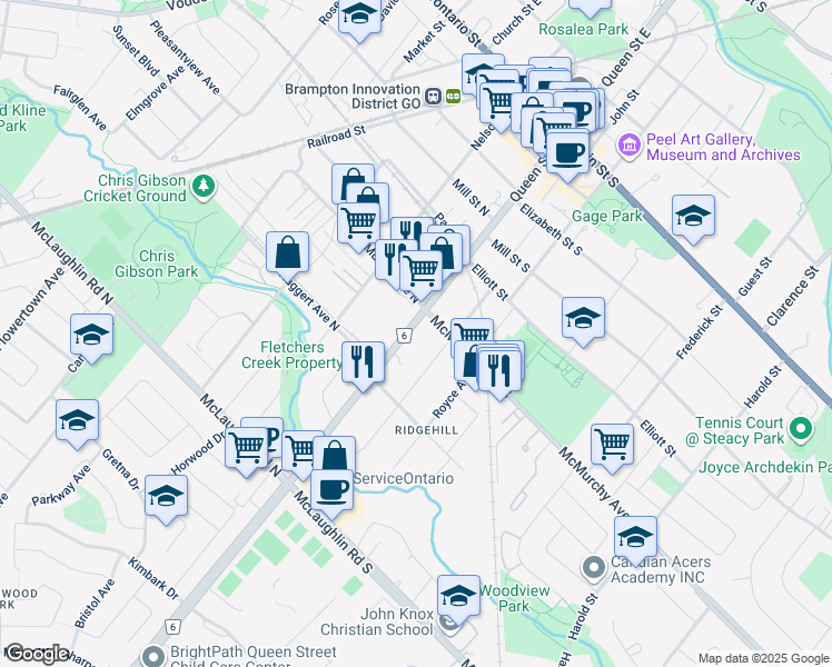 map of restaurants, bars, coffee shops, grocery stores, and more near in Brampton