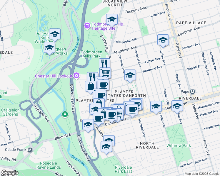 map of restaurants, bars, coffee shops, grocery stores, and more near 90 Ellerbeck Street in Toronto
