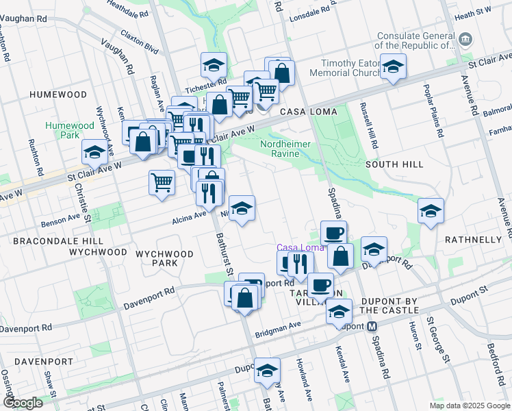 map of restaurants, bars, coffee shops, grocery stores, and more near Nina Street in Toronto
