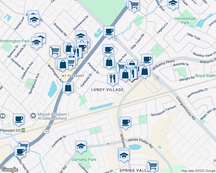 map of restaurants, bars, coffee shops, grocery stores, and more near 5 Ancestor Drive in Brampton