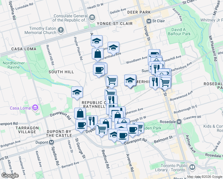 map of restaurants, bars, coffee shops, grocery stores, and more near 40 Oaklands Avenue in Toronto