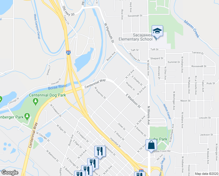map of restaurants, bars, coffee shops, grocery stores, and more near 1303 North 1st Avenue in Caldwell