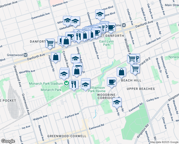 map of restaurants, bars, coffee shops, grocery stores, and more near 147 Hanson Street in Toronto