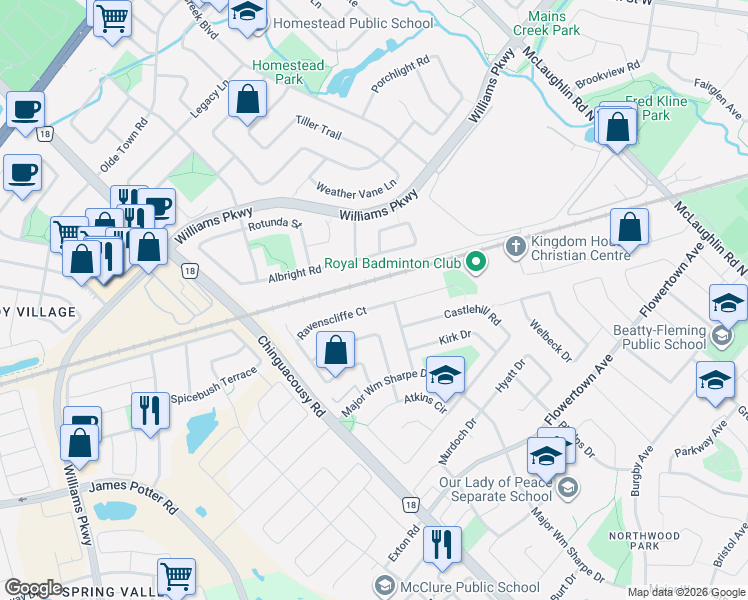 map of restaurants, bars, coffee shops, grocery stores, and more near 72 Ravenscliffe Court in Brampton
