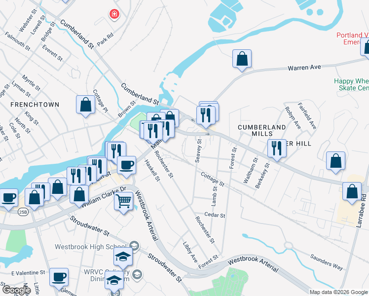 map of restaurants, bars, coffee shops, grocery stores, and more near 27 Seavey Street in Westbrook