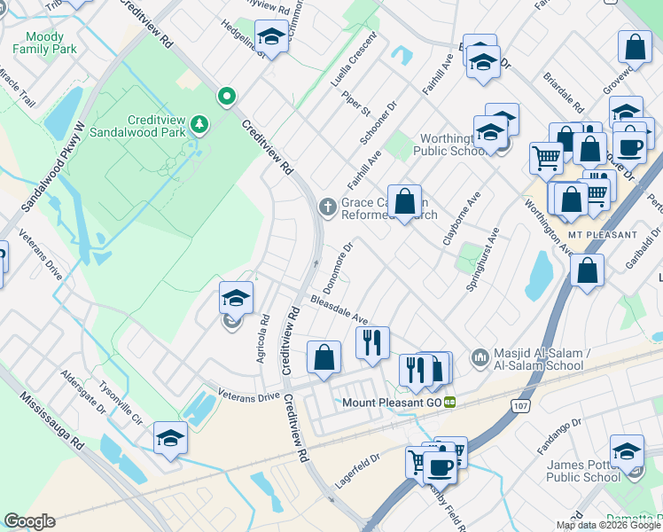 map of restaurants, bars, coffee shops, grocery stores, and more near 22 Donomore Drive in Brampton