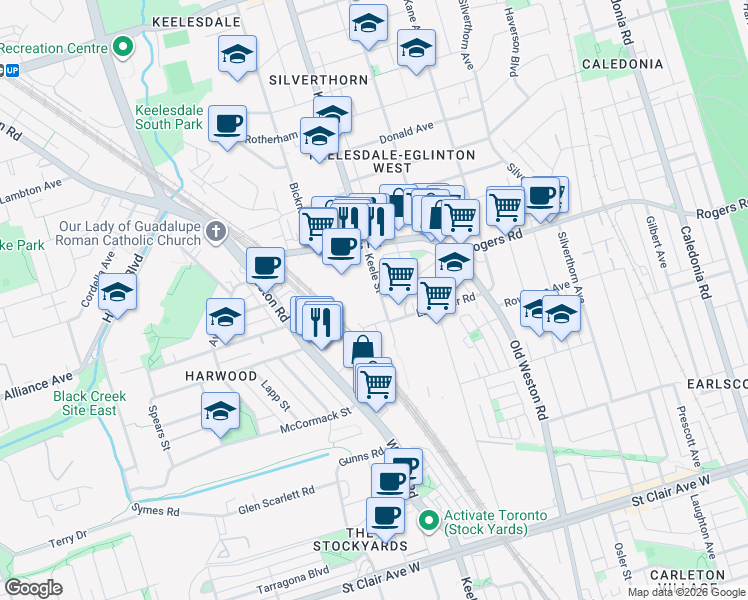 map of restaurants, bars, coffee shops, grocery stores, and more near in Toronto