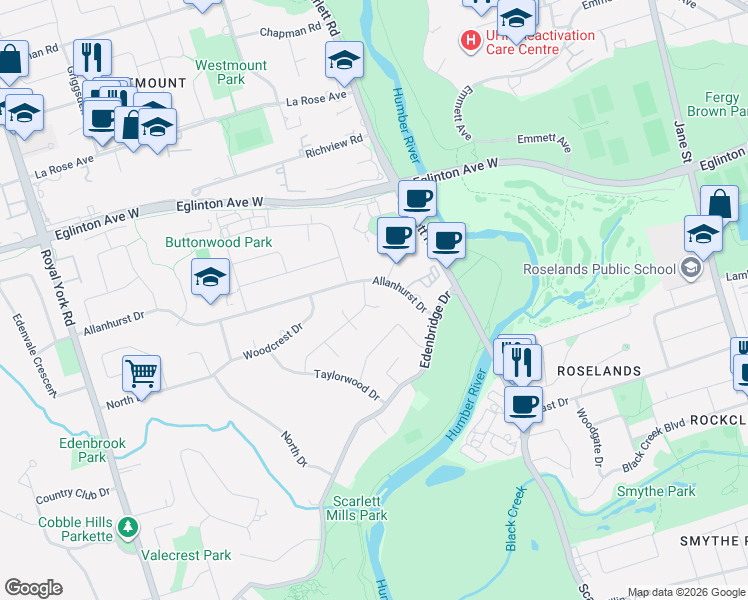 map of restaurants, bars, coffee shops, grocery stores, and more near 1 Cotillion Court in Toronto