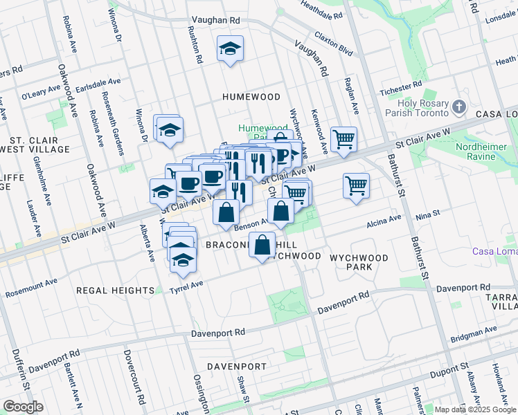 map of restaurants, bars, coffee shops, grocery stores, and more near 207 Ellsworth Avenue in Toronto