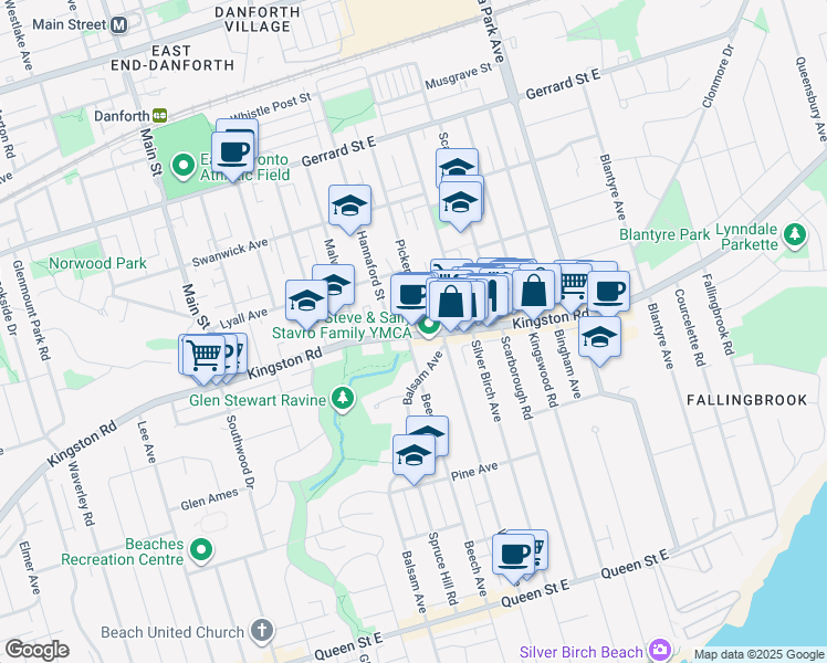 map of restaurants, bars, coffee shops, grocery stores, and more near 878 Kingston Road in Toronto