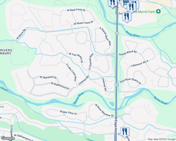 map of restaurants, bars, coffee shops, grocery stores, and more near 392 West Two Rivers Drive in Eagle