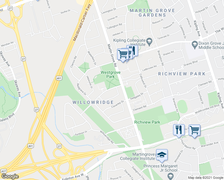 map of restaurants, bars, coffee shops, grocery stores, and more near 57 Longbourne Drive in Toronto