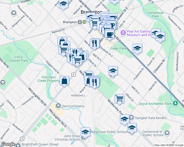 map of restaurants, bars, coffee shops, grocery stores, and more near 20 Fleming Avenue in Brampton