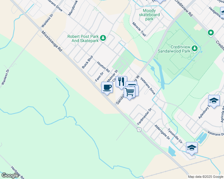 map of restaurants, bars, coffee shops, grocery stores, and more near 10571 Mississauga Road in Brampton