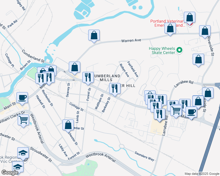map of restaurants, bars, coffee shops, grocery stores, and more near 307 Main Street in Westbrook