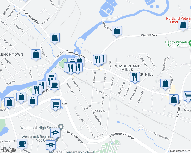 map of restaurants, bars, coffee shops, grocery stores, and more near 34 Seavey Street in Westbrook