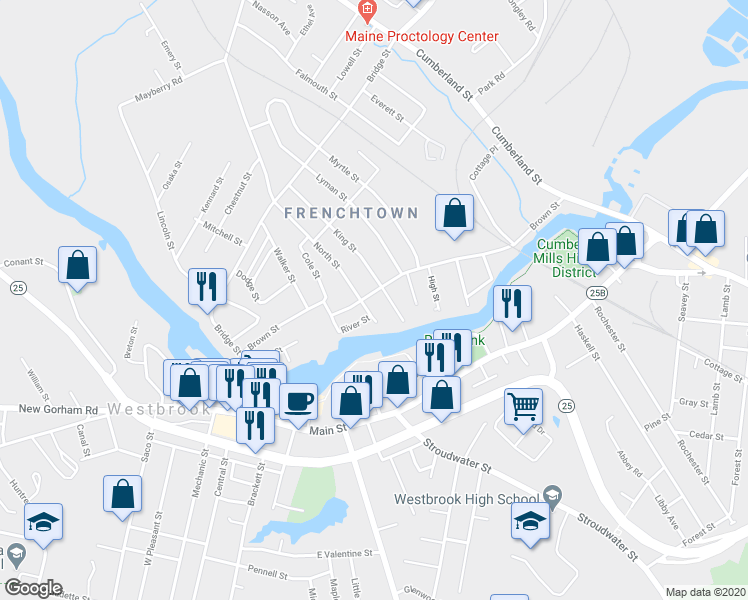 map of restaurants, bars, coffee shops, grocery stores, and more near 21 North Street in Westbrook
