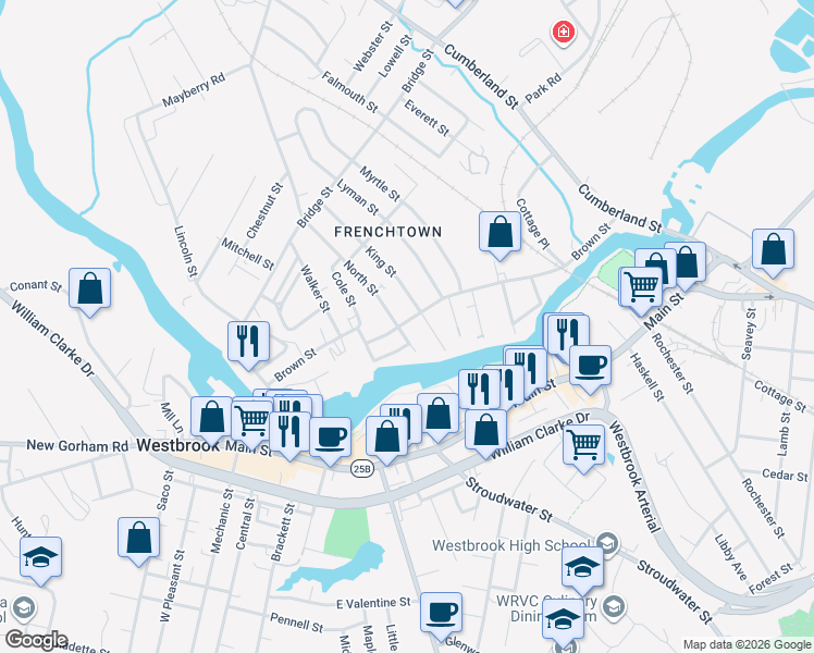 map of restaurants, bars, coffee shops, grocery stores, and more near 21 North Street in Westbrook