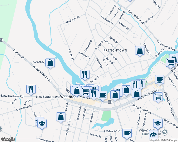 map of restaurants, bars, coffee shops, grocery stores, and more near 87 Bridge Street in Westbrook