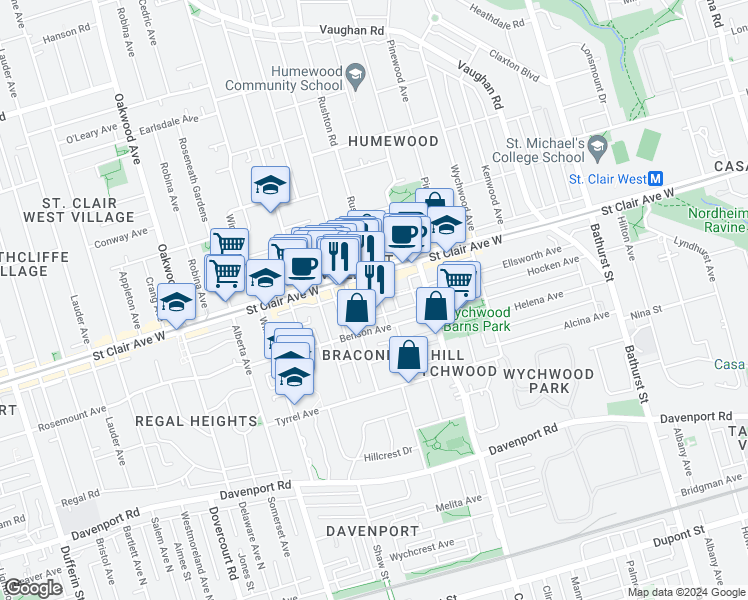 map of restaurants, bars, coffee shops, grocery stores, and more near in Toronto