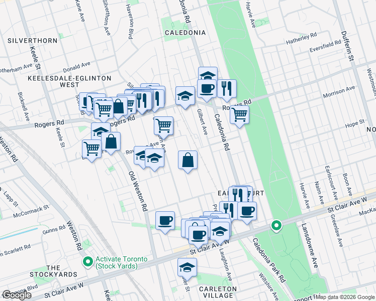 map of restaurants, bars, coffee shops, grocery stores, and more near in Toronto
