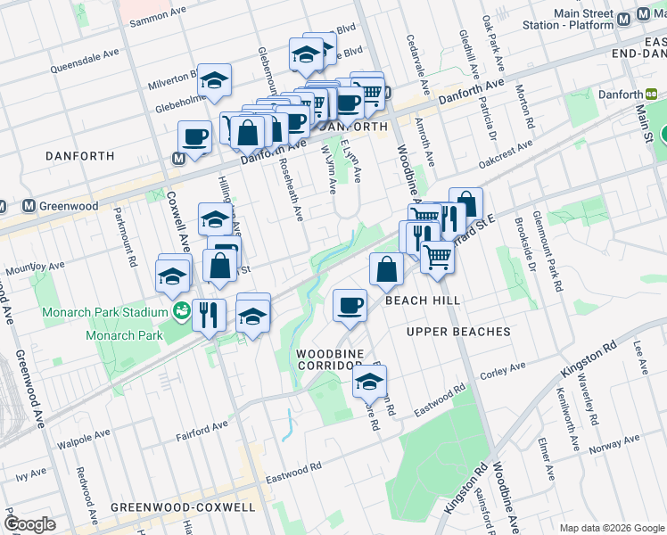 map of restaurants, bars, coffee shops, grocery stores, and more near Lakeshore East/Stouffville in Toronto