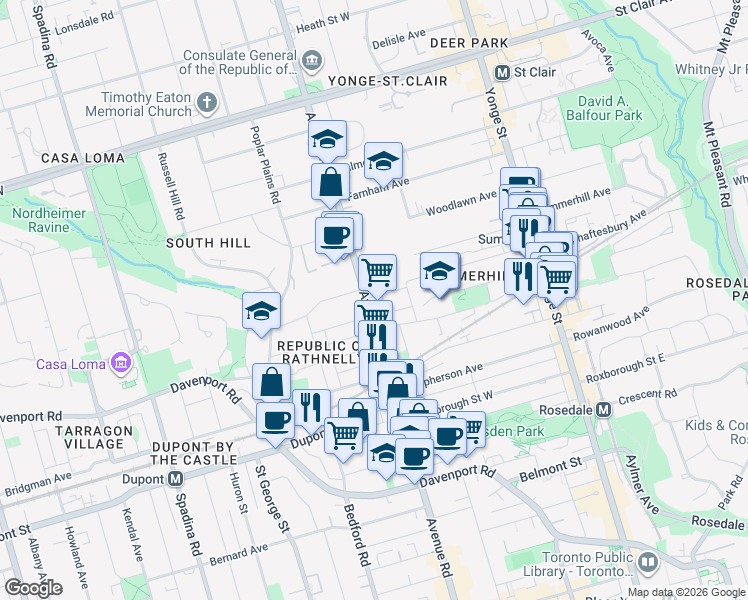 map of restaurants, bars, coffee shops, grocery stores, and more near 40 Oaklands Avenue in Toronto