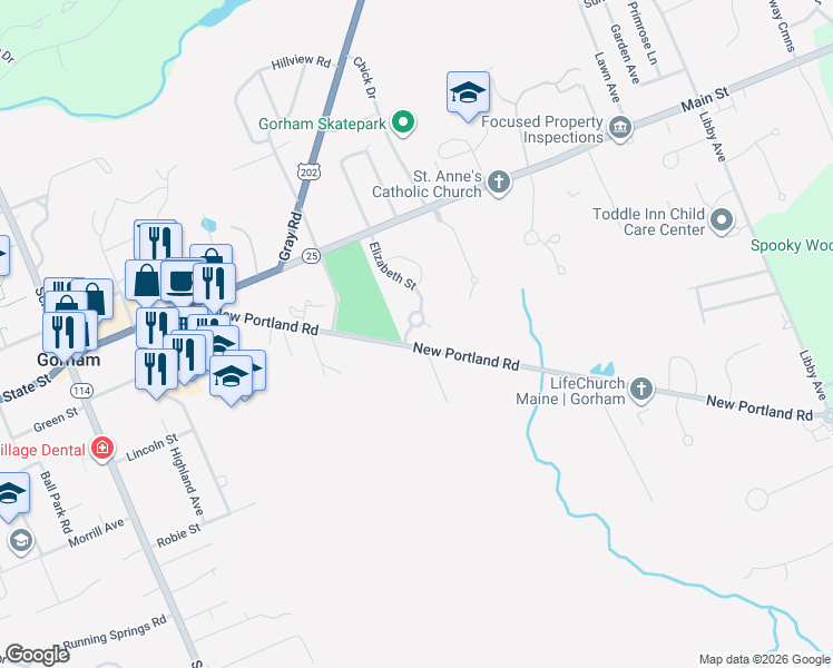 map of restaurants, bars, coffee shops, grocery stores, and more near 52 Tink Drive in Gorham