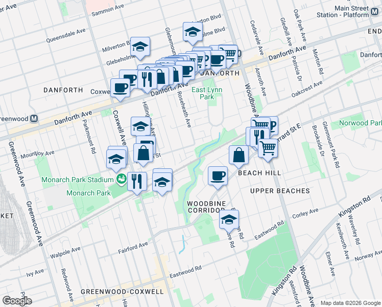 map of restaurants, bars, coffee shops, grocery stores, and more near 1 Bastedo Avenue in Toronto