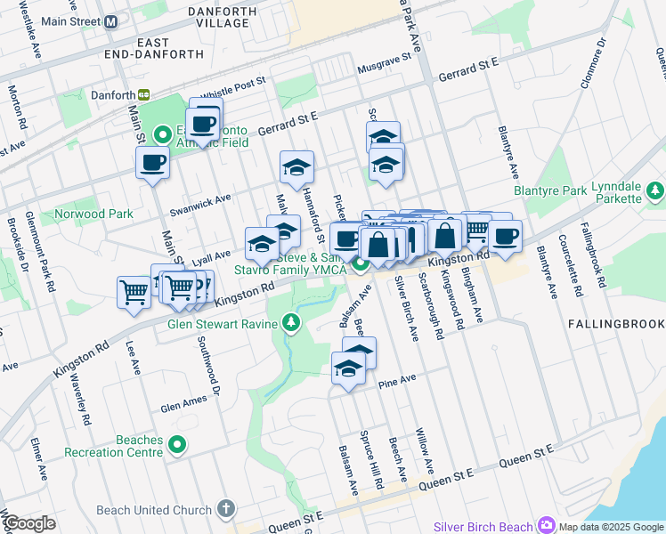 map of restaurants, bars, coffee shops, grocery stores, and more near 1A Hannaford Street in Toronto