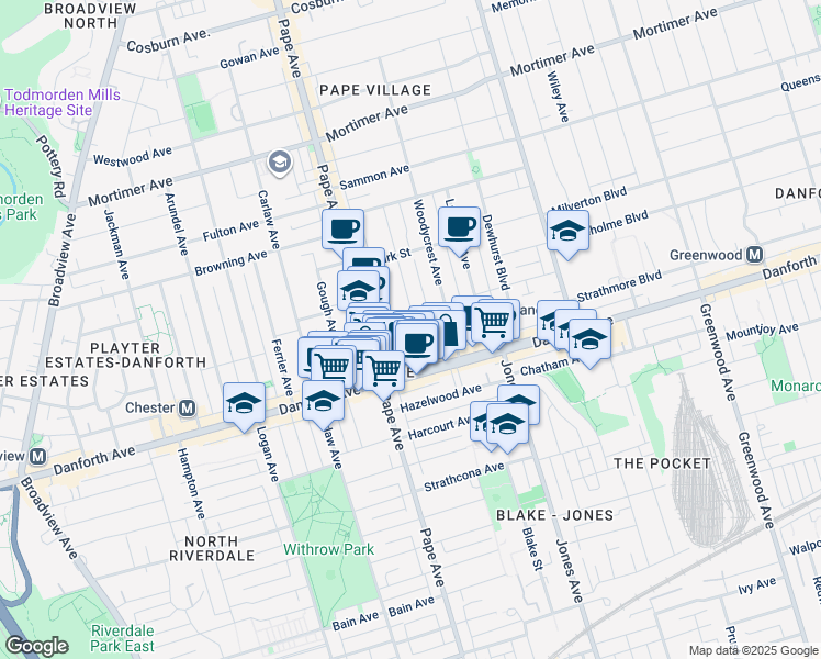 map of restaurants, bars, coffee shops, grocery stores, and more near 34 Eaton Avenue in Toronto