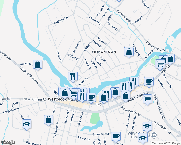 map of restaurants, bars, coffee shops, grocery stores, and more near 2 Walker Street in Westbrook