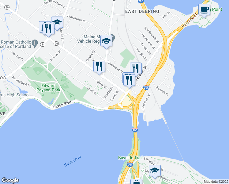 map of restaurants, bars, coffee shops, grocery stores, and more near 11 Galvin Street in Portland