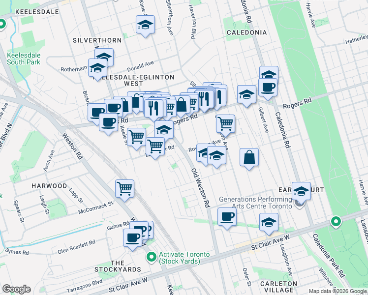 map of restaurants, bars, coffee shops, grocery stores, and more near 683 Old Weston Road in Toronto