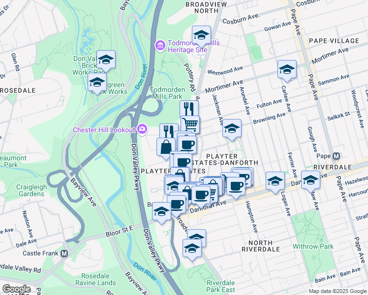 map of restaurants, bars, coffee shops, grocery stores, and more near 908 Broadview Avenue in Toronto