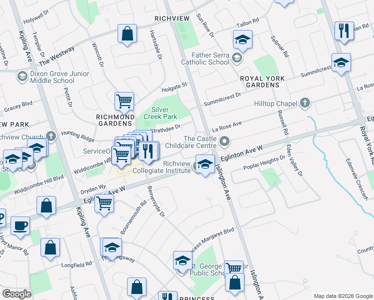 map of restaurants, bars, coffee shops, grocery stores, and more near 67 Waterford Drive in Toronto